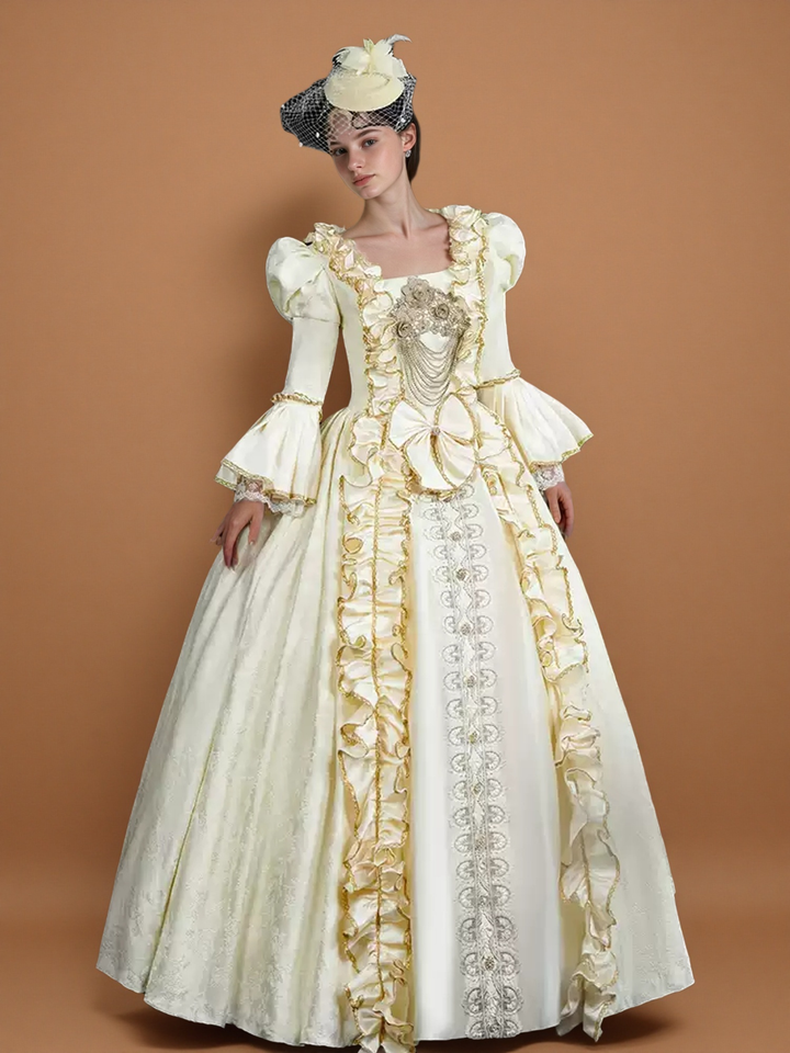 Rococo Cream Ball Gown with Ruffle Trim and Embroidered Bodice – Lace-Up Rococo Costume Dress