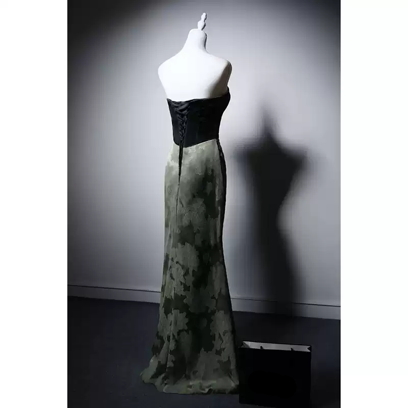 Designer Green and Black Strapless Evening Gown with Draped Skirt – Elegant Formal Evening Dress Plus Size