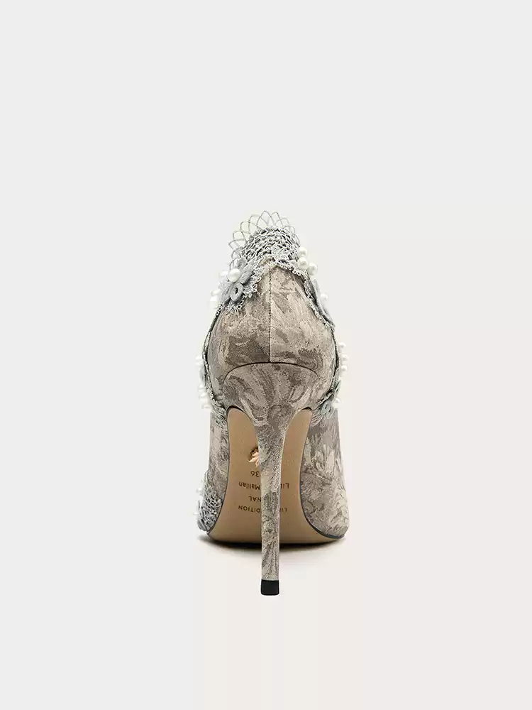 Victorian-Inspired Gray Floral High Heels with Beaded Detailing