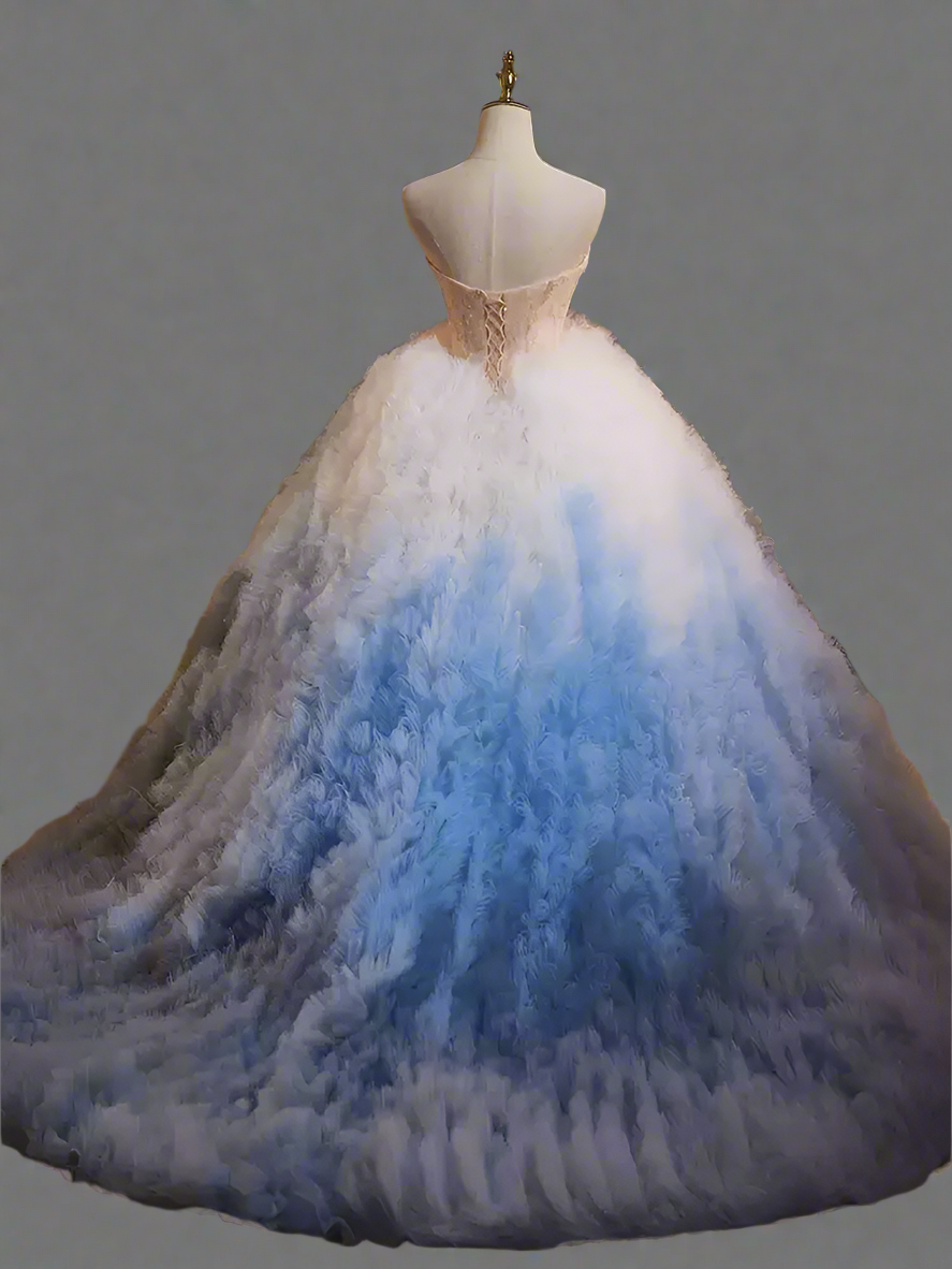 Gradient Blue Strapless Princess Wedding Dress with Sweetheart Neckline and Layered Tulle Ruffles Plus Size Size 6 / Light Blue Gradient Blue Strapless Princess Wedding Dress with Sweetheart Neckline and Layered Tulle Ruffles Plus Size Size 6 / Light Blue