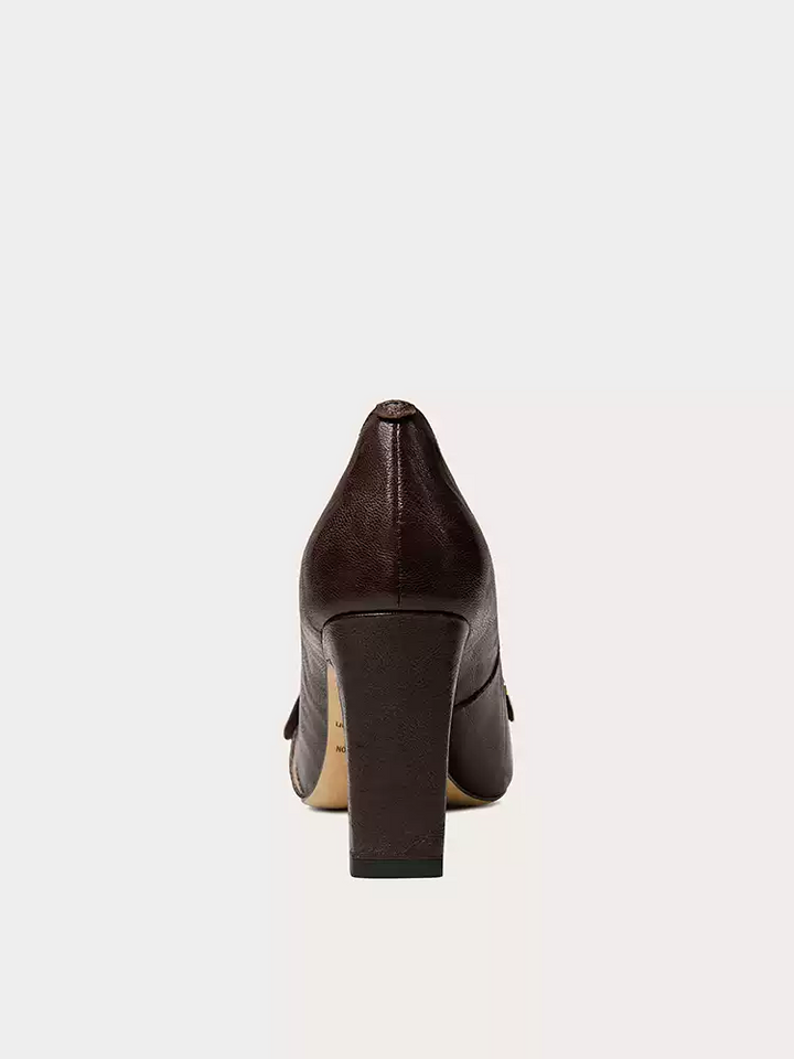 Vintage Inspired Brown Leather High Heels with Gold Metal Accents  - Toe Design