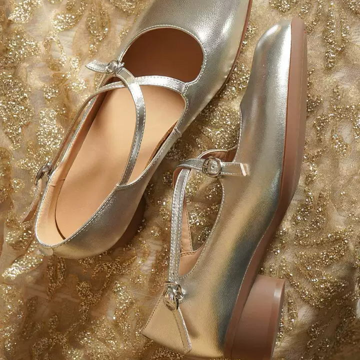 "Moonlit Waltz" – Handmade Vintage Silver Leather Mary Jane Flats