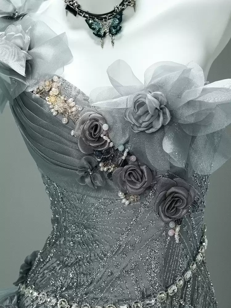 Gray Layered Tulle Ruffle Dress with Floral Appliqué – One Shoulder Evening Dress with Lace-Up Back Plus Size