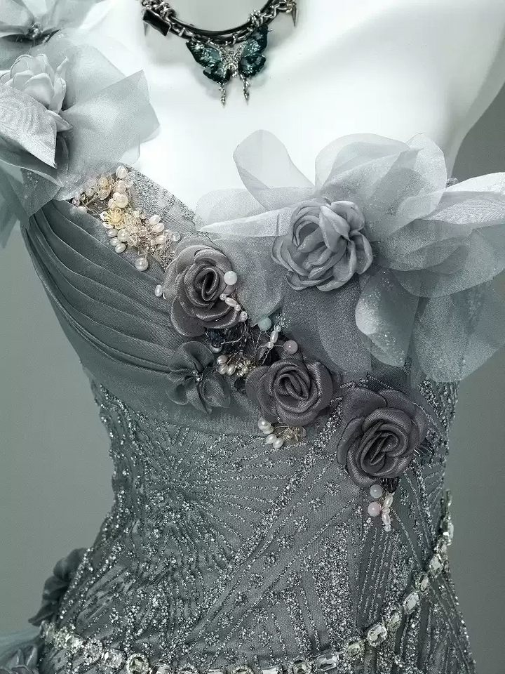 Gray Layered Tulle Ruffle Dress with Floral Appliqué – One Shoulder Evening Dress with Lace-Up Back Plus Size