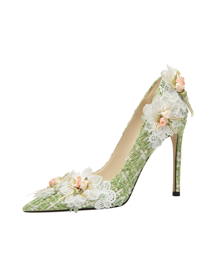 Lolita Vintage Tweed Heels with Floral Embellishments