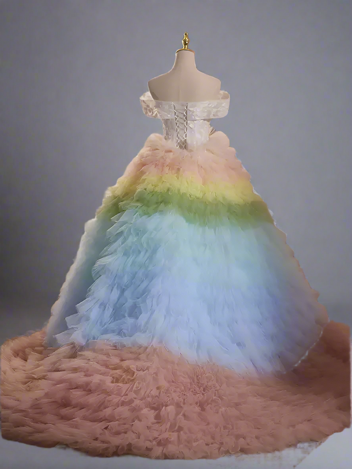 Pink and Blue Tiered Tulle Ball Gown - Off the Shoulder Ball Gown - Corset Tulle Dress with Layered Ruffle Skirt Plus Size