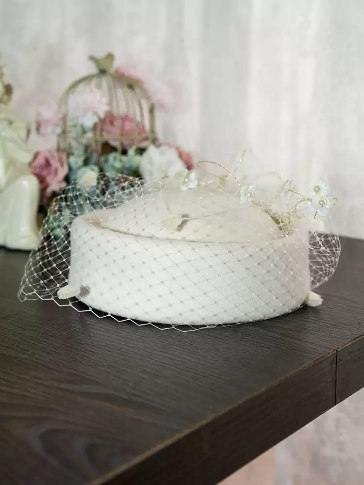 Vintage Inspired Black Pillbox Hat with Beaded Flower and Veil