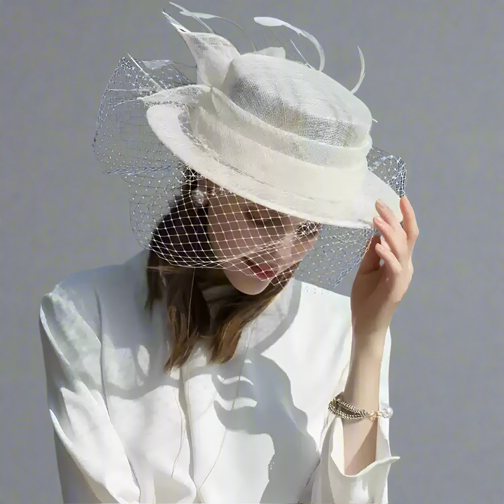 Handmade Garden Party White Fascinator - Vintage Bridal Hat with Feather and Lace Accents