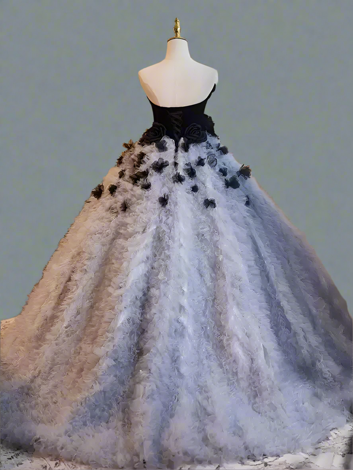 Gothic Black and Grey Ball Gown with Corset Back - Tiered Tulle Dress with Floral Accessories - Layered Tulle Ruffle Dress Plus Size