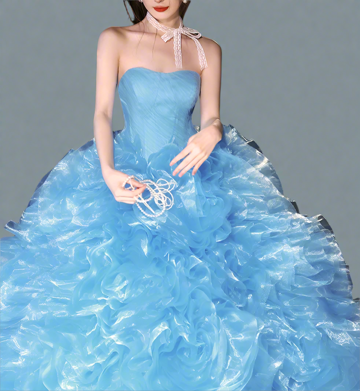 Blue Floral Ball Gown with Strapless – Elegant Blue Prom Dress with Floral Embellishments – Layered Tulle Ruffle Ball Dress with Corset Back Plus Size