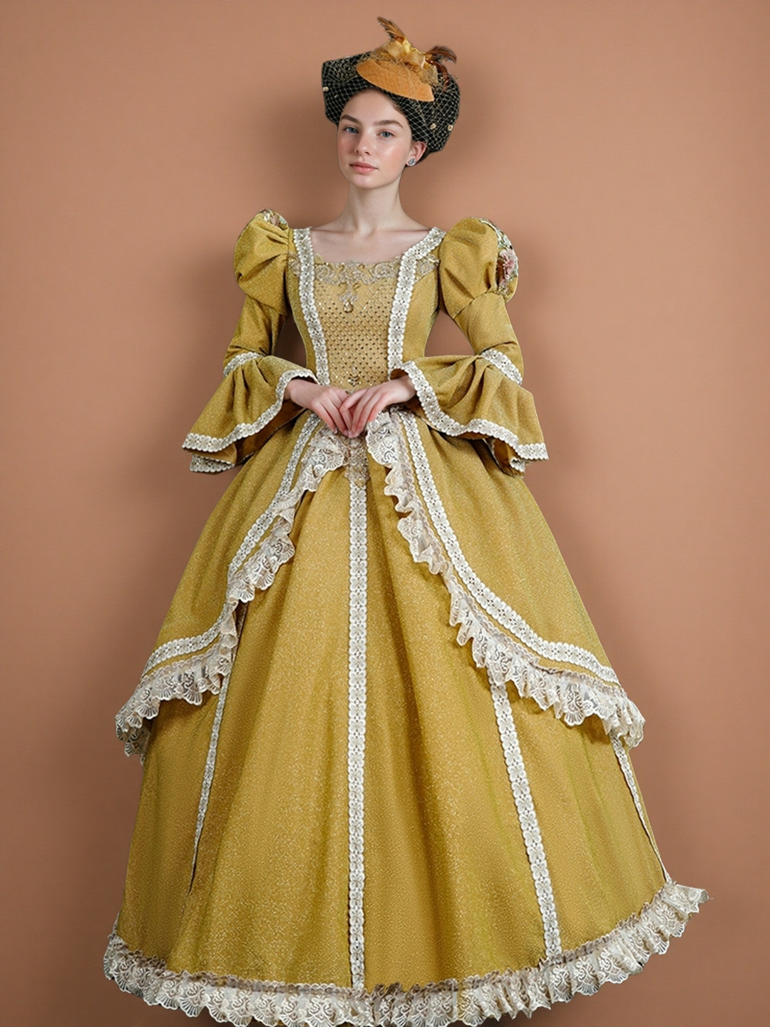 Golden Rococo Ball Gown with Ruffle Lace Trim – Vintage Puffy Sleeve Court Dress