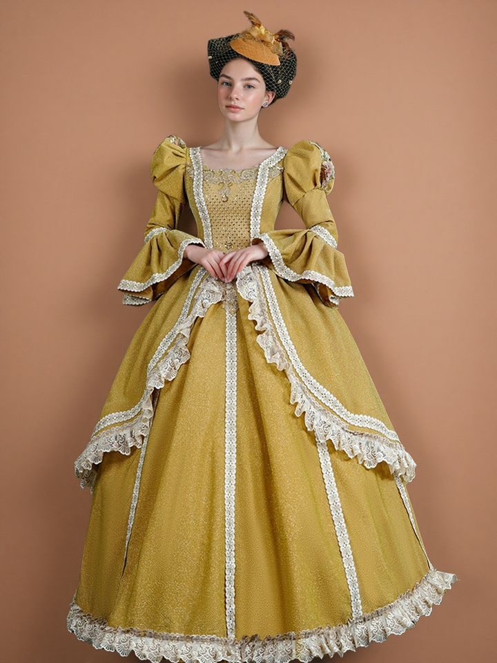 Golden Rococo Ball Gown with Ruffle Lace Trim – Vintage Puffy Sleeve Court Dress