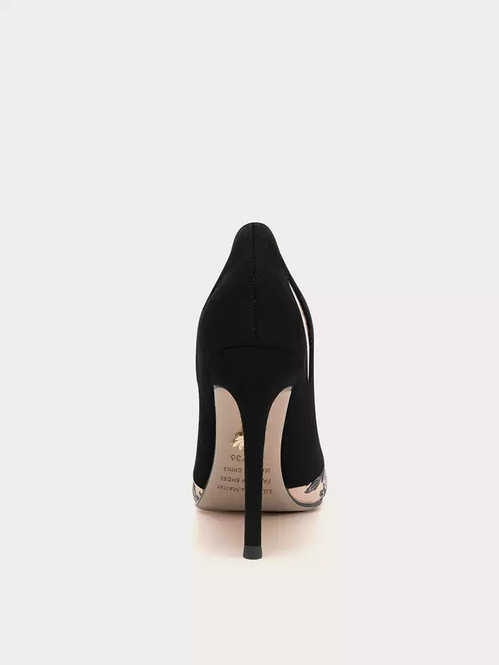 Vintage-Inspired Black Suede Stiletto Heels with Floral Print Accents