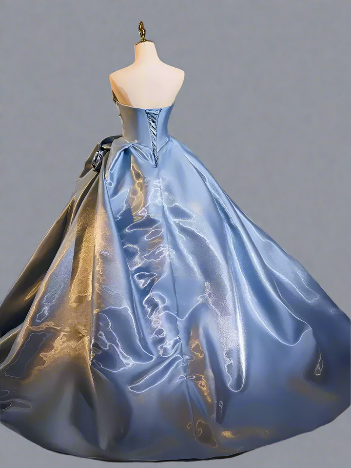 Blue Ball Gown with Corset Back - Satin Wedding Dress with Flower Accessories -  Strapless Corset Wedding Dress Plus Size