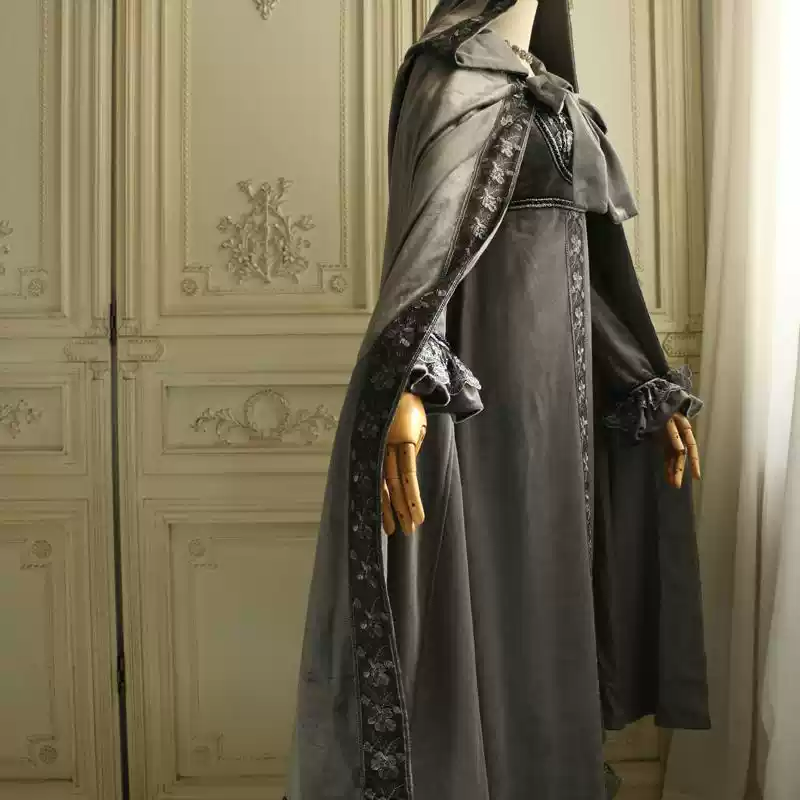 Gray Medieval-Inspired Empire Waist Gown in Grey Velvet – Long Sleeve Medieval Dress with Embroidered Trim Plus Size