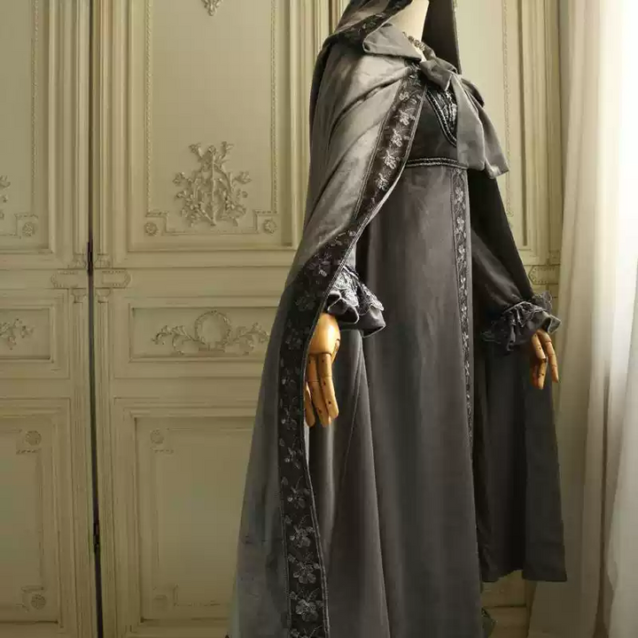Gray Medieval-Inspired Empire Waist Gown in Grey Velvet – Long Sleeve Medieval Dress with Embroidered Trim Plus Size