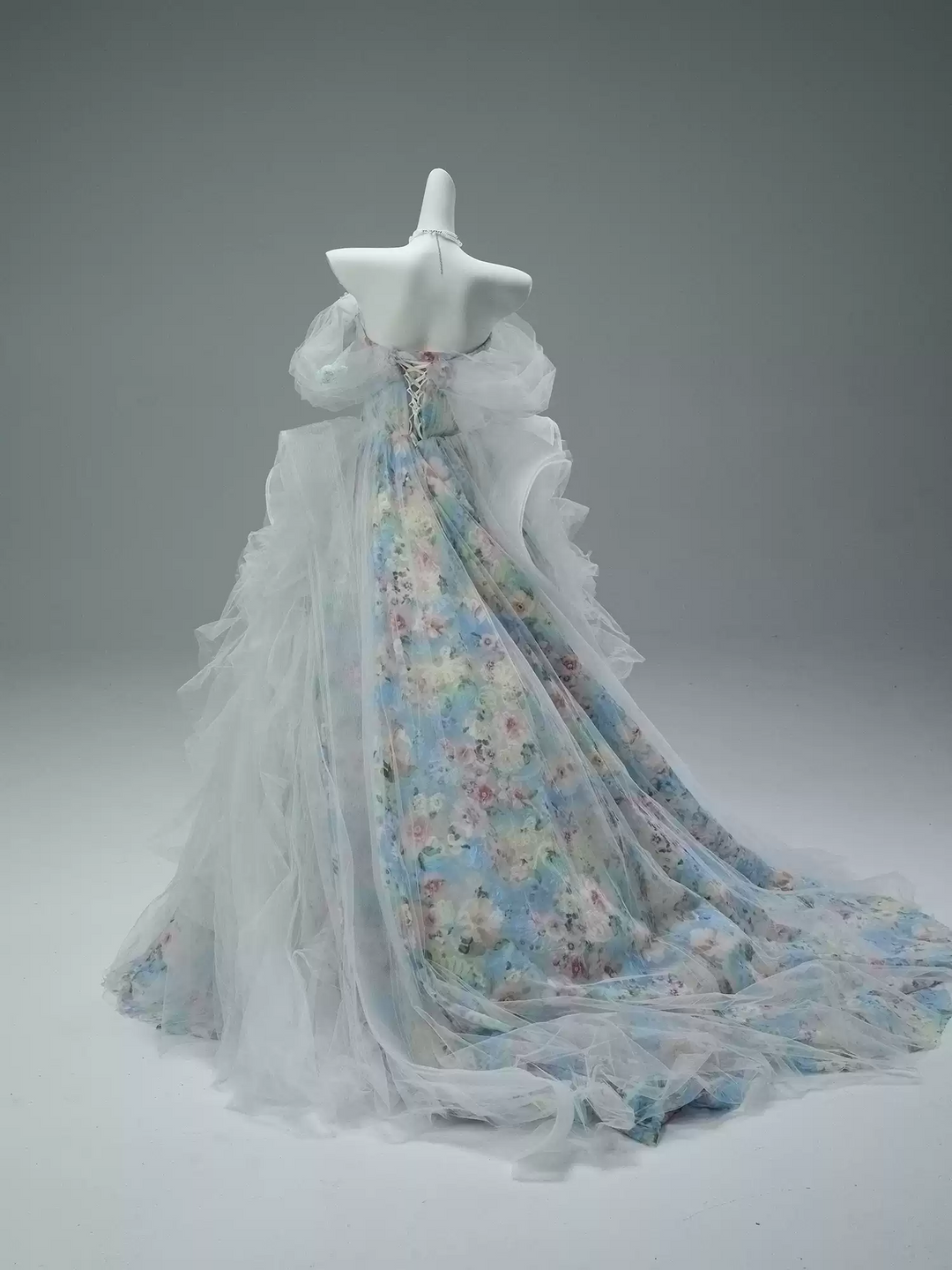 Blue Fairytale Floral Evening Dress with Oversized Bow – Off the Shoulder Evening Dress with Corset Back Plus Size