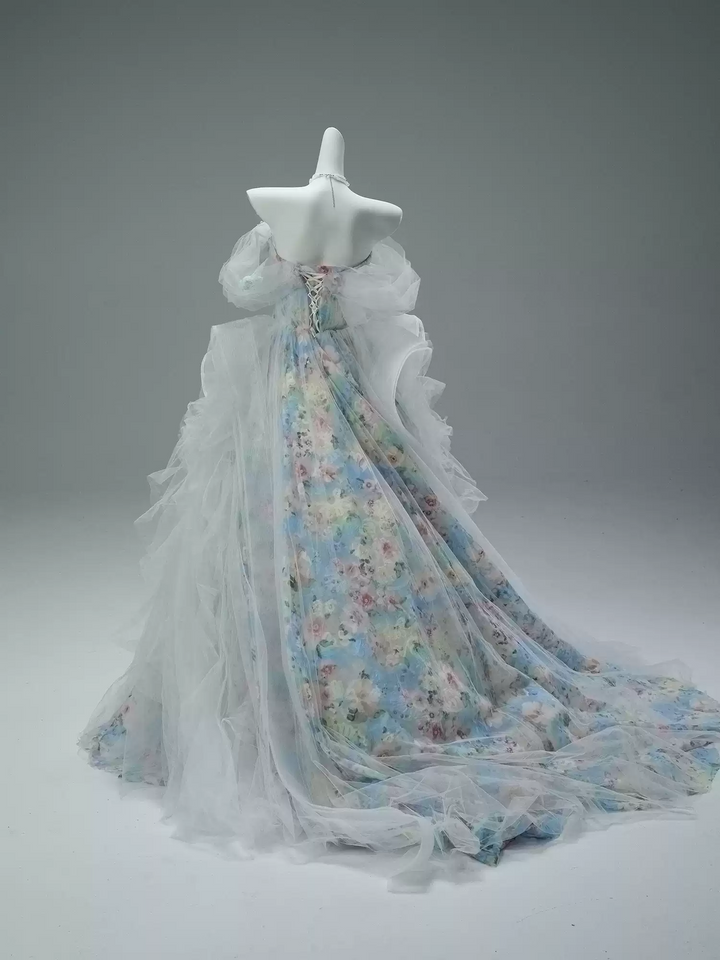 Blue Fairytale Floral Evening Dress with Oversized Bow – Off the Shoulder Evening Dress with Corset Back Plus Size