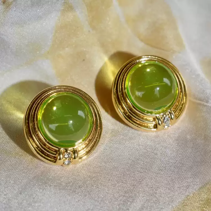 Vintage-Inspired Cabochon Studs with Olive Resin and Gold Accents - Green Grape