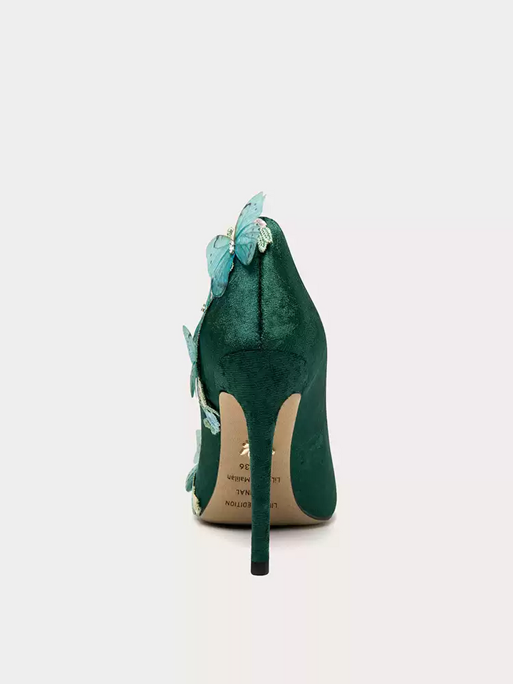 Vintage Inspired Green Velvet Pointed-Toe High Heels with Butterfly and Rhinestone Details