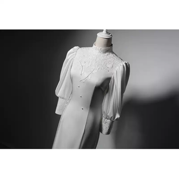 Luxury White Cheongsam Dress Long Sleeve with Embroidered Lace – White Cheongsam Dress  with Puff Sleeves and High-Neck Plus Size