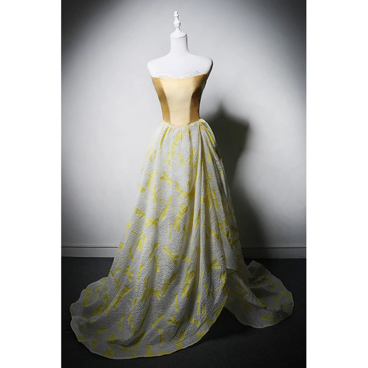 Yellow Evening Dress with Lace-Up Back - Yellow Evening Gown with Flowing Skirt - Yellow Wedding Guest Dress Plus Size