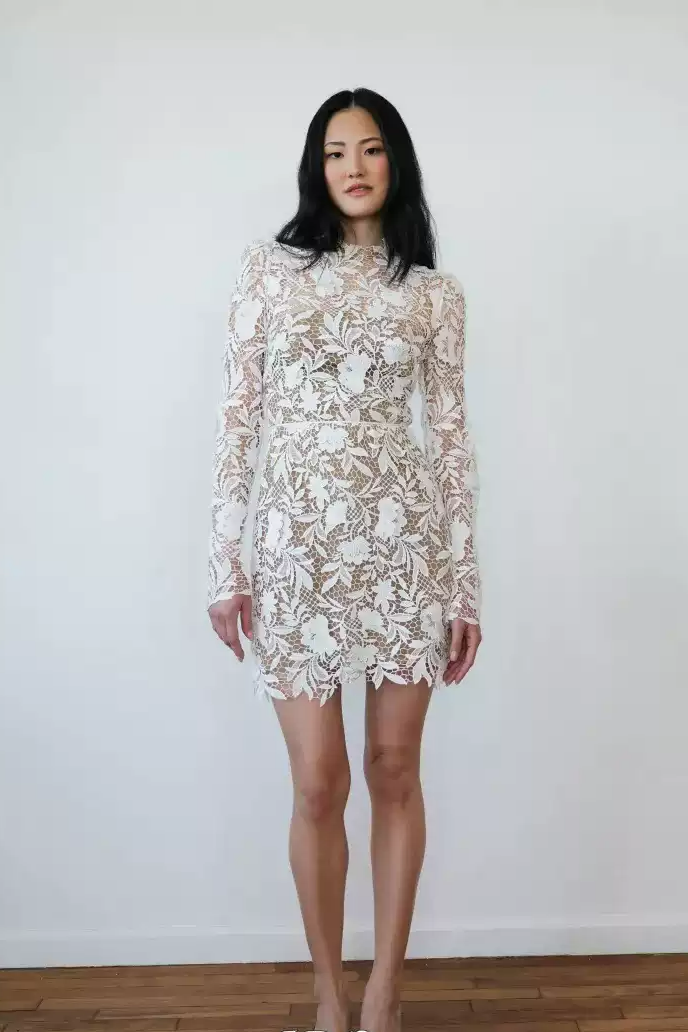 Long Sleeves Short Wedding Dress with Lace and High Neckline – Elegant Floral Wedding Dress Plus Size