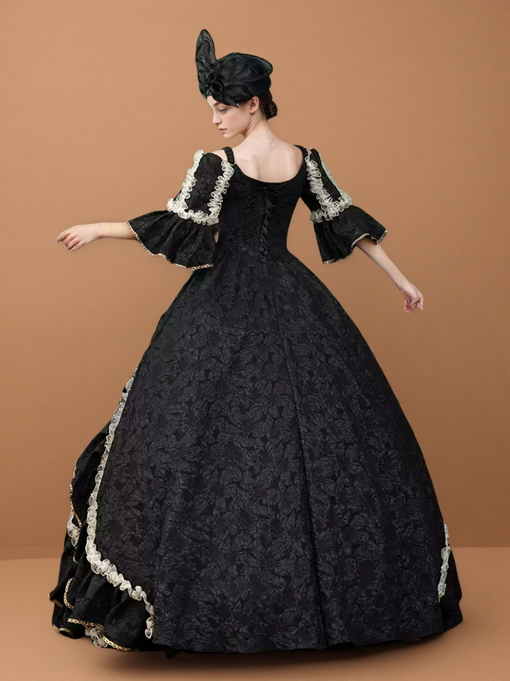 Gothic Black Victorian Ball Gown with Ruffle Cape – Vintage Court Dress with Lace Trim and Statement Hat