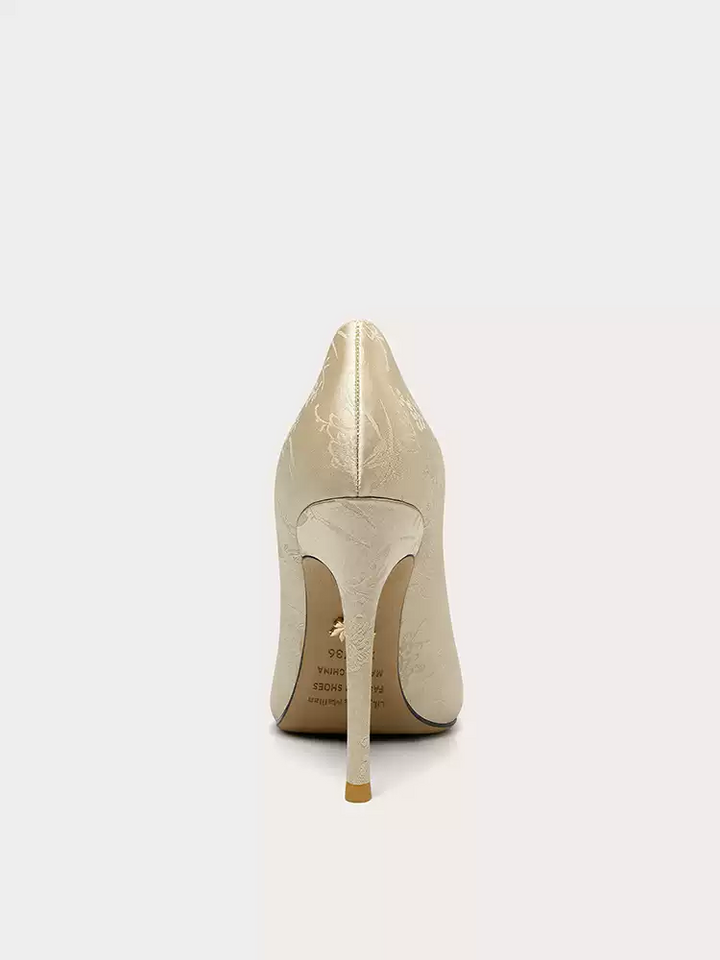 Vintage-Inspired Champagne Bridal Floral High Heels - Elegant Beaded Design
