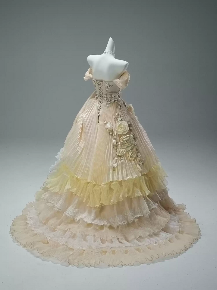 Yellow Fairytale Layered Tulle Ruffle Dress with Floral Appliqué – Off the Shoulder Evening Dress with Corset Back Plus Size