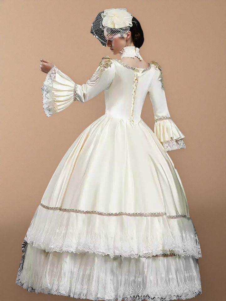 Ivory Rococo Ball Gown with Lace Ruffles – Long Sleeve Court Dress with Pearled Bodice and Tiered Skirt