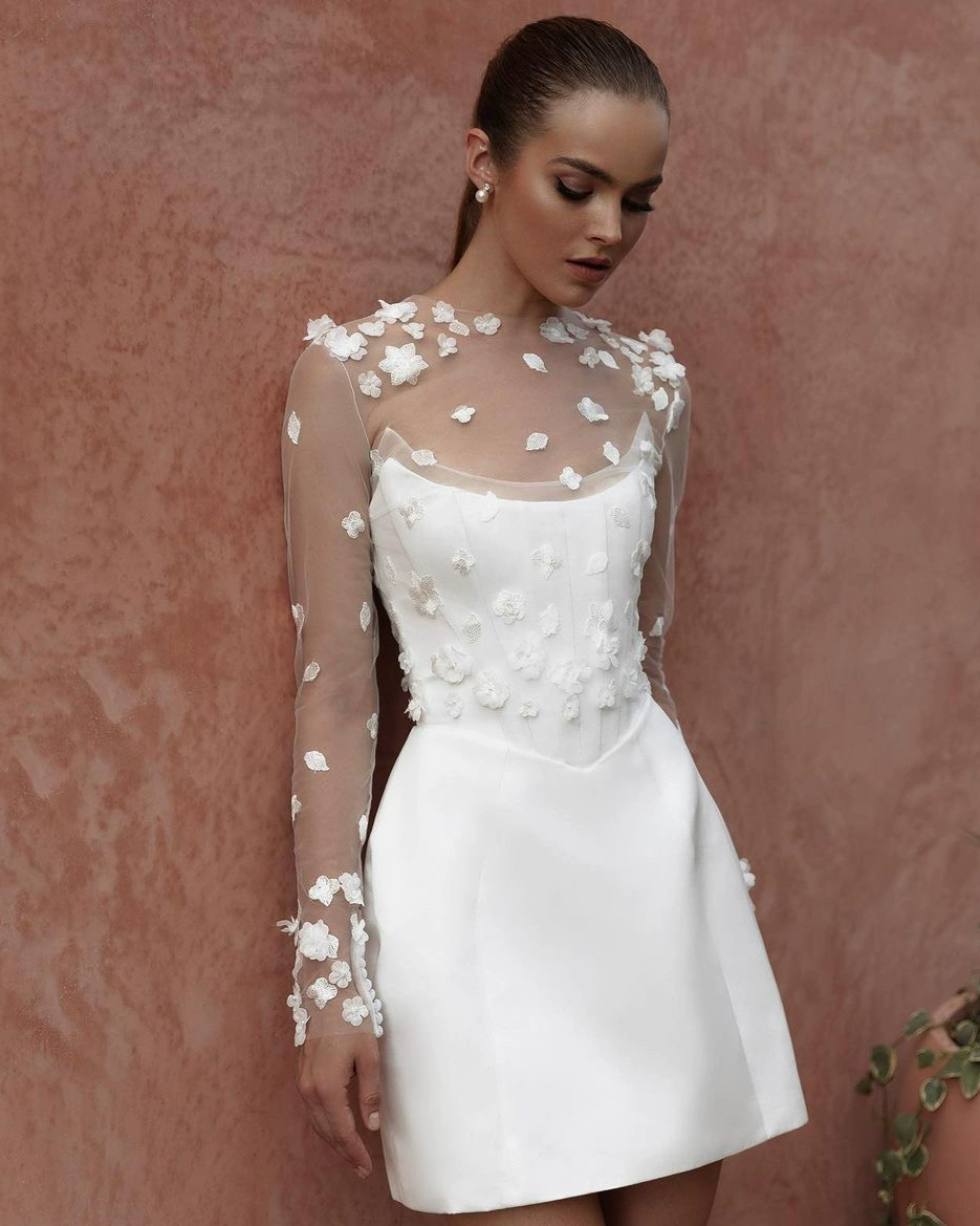 Short Long Sleeves Wedding Dress with Corset Bodice and Convertible Lace Sleeves – Short Bridal Wedding Dress Plus Size