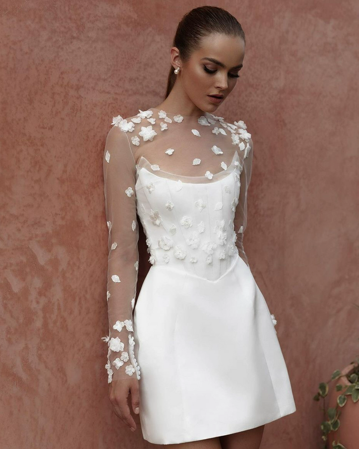 Short Long Sleeves Wedding Dress with Corset Bodice and Convertible Lace Sleeves – Short Bridal Wedding Dress Plus Size