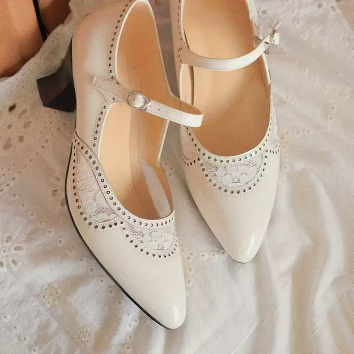 “Whispering Lace” – Handmade Vintage Mary Jane Shoes in Cowhide Leather with Embroidered Cutouts