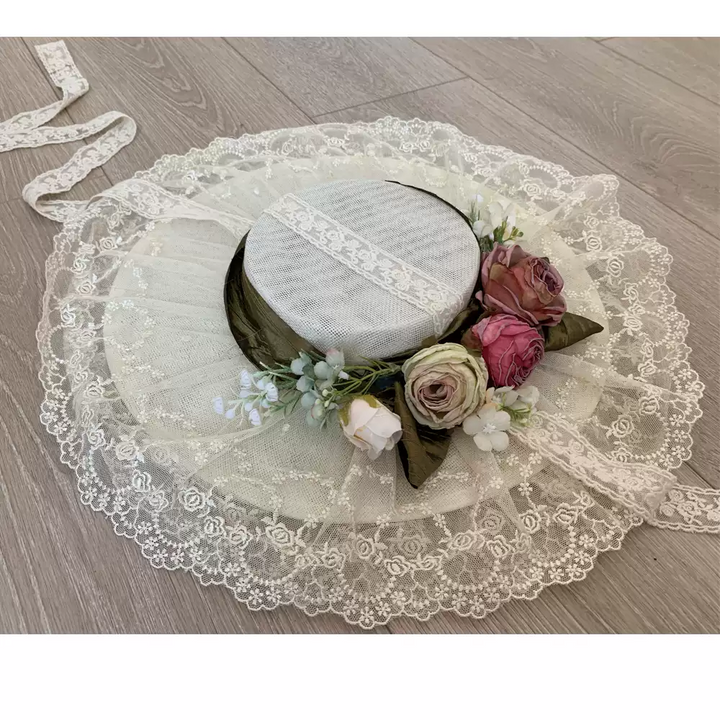 Vintage-Inspired Regency Era Bonnet - Bridal Hat with Vintage Lace and Floral Accents