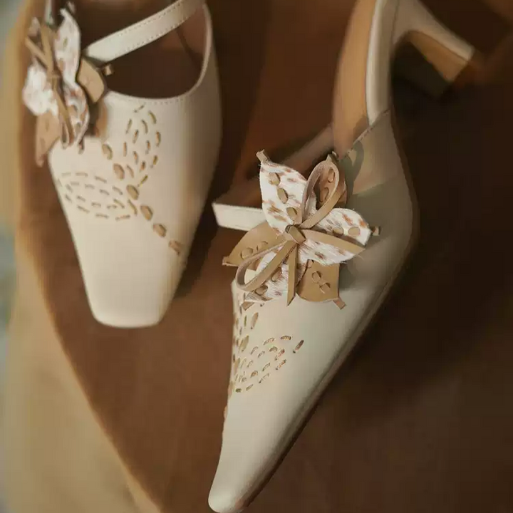 "Whispers of Blossom" – Handmade Vintage Bow-Embellished Leather Mules