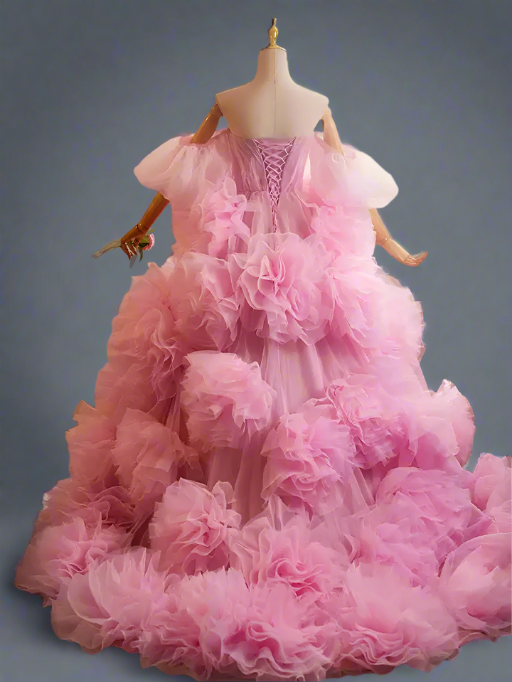 Pink Floral Ball Gown - Corset Tulle Dress - Tiered Floral Tulle Dress - Off Shoulder Wedding Dress Plus Size