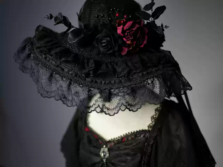 Gothic Black Lolita Hat with Handmade Lace and Dramatic Floral Embellishments