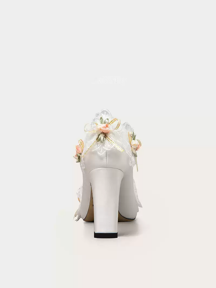 Vintage-Inspired White Bridal Chunky Heels with Floral Appliqués - Comfortable High Heels
