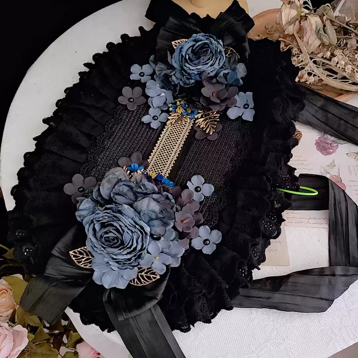 Gothic Black Hat with Dramatic Floral Accents - Handmade Lolita Hat with Lace