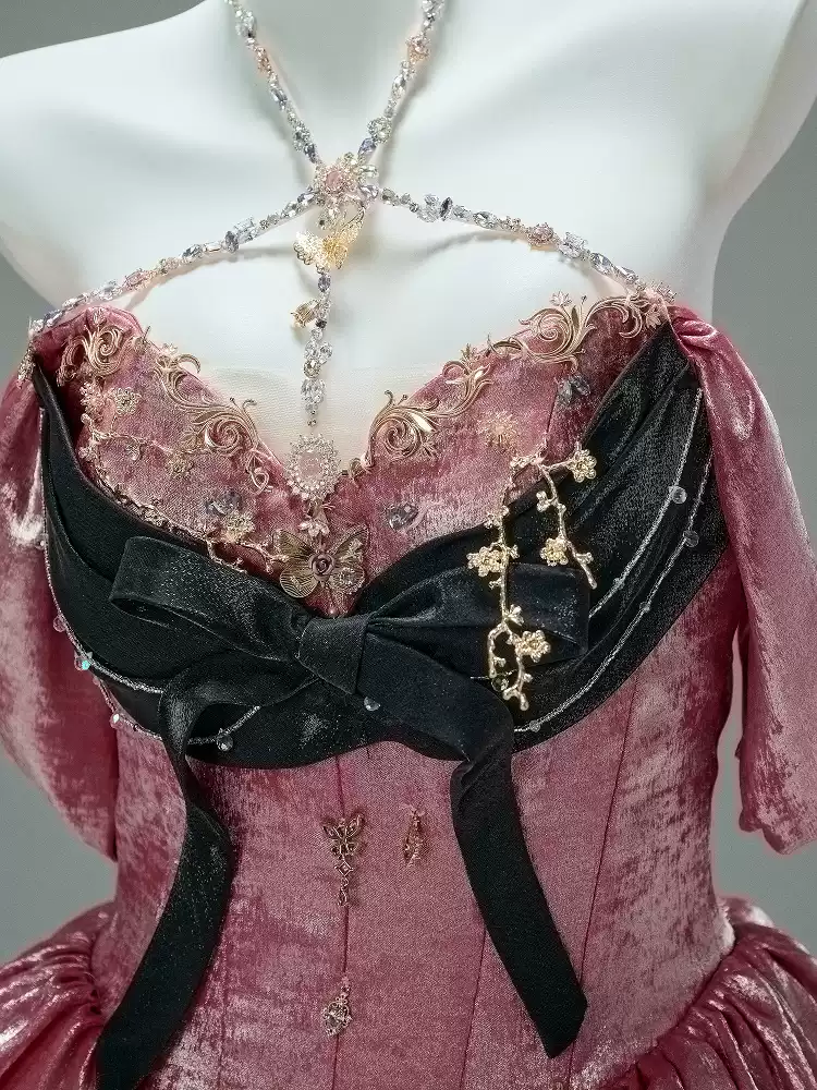Prom Dress Pink Ball Gown with Draped Skirt – Pink Tulle Ball Gown with Black Velvet Bow and Corset Bodice Plus Size