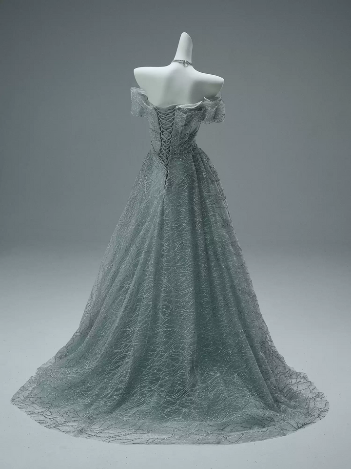 Green Off the Shoulder Evening Dress – Designer Sequin Gown with Sequin Embroidery and Matching Choker Plus Size