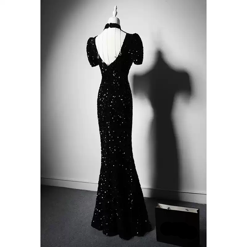 Black Sequin Cheongsam Dress with Pearl Details - Elegant Sleeveless Evening Gown with Puff Sleeves Plus Size