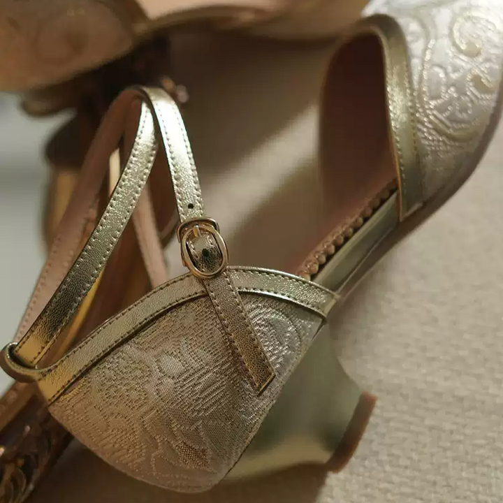 "Golden Reverie" – Handmade Vintage Brocade Low Heel Mary Jane Shoes