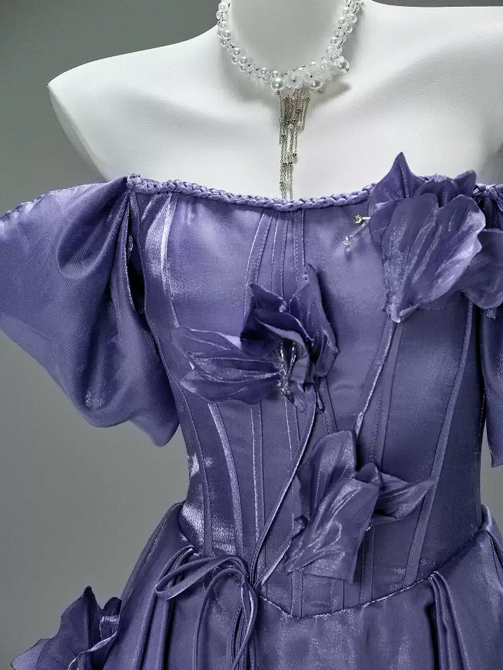 Purple Off the Shoulder Evening Dress with Floral Appliqué – Satin Evening Gown with Lace-Up Back Plus Size