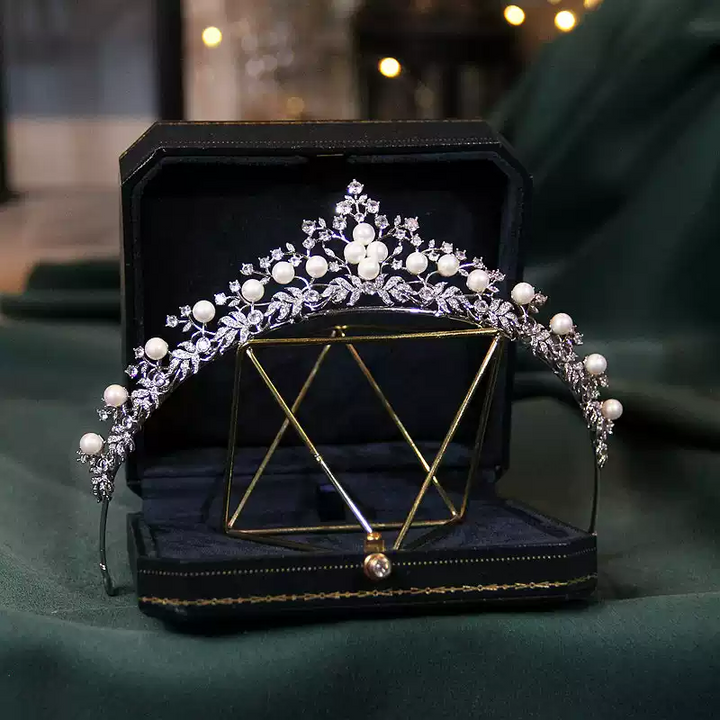 Elegant  Bridal Pearl Crown with Zircon Stones – Headpieces for Wedding