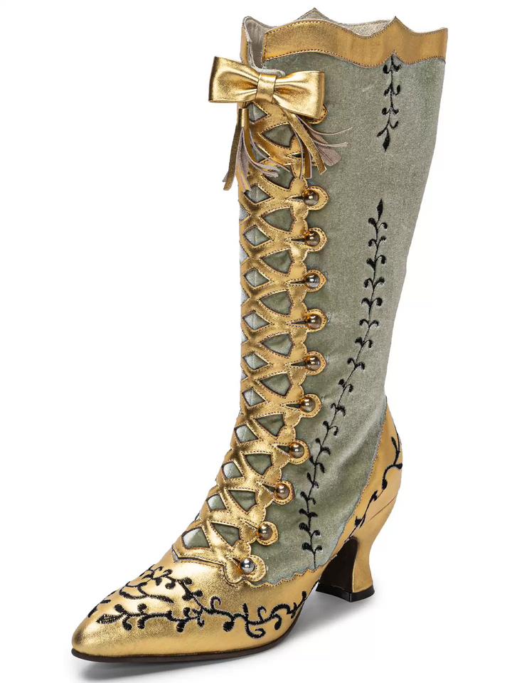 Handmade Rococo Sage Gold and Green Lambskin Leather Silk Mid-Calf Boots with Bow
