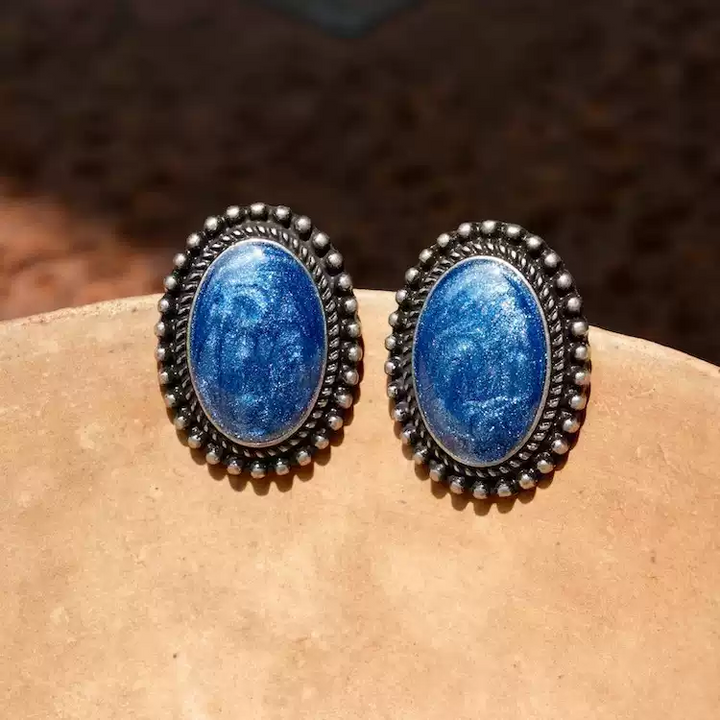 Midnight Reverie – Handmade Vintage Blue Oval Earrings – The Blue Night Star River