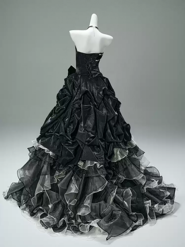Black Gothic Ball Gown with Velvet Bows – Strapless Layered Tulle Ruffle Dress Plus Size