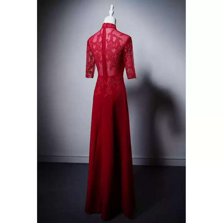 Red Cheongsam Dress with Lace Overlay – Elegant Qipao Dress with Sheer Sleeves and High Neck Custom Order Plus Size